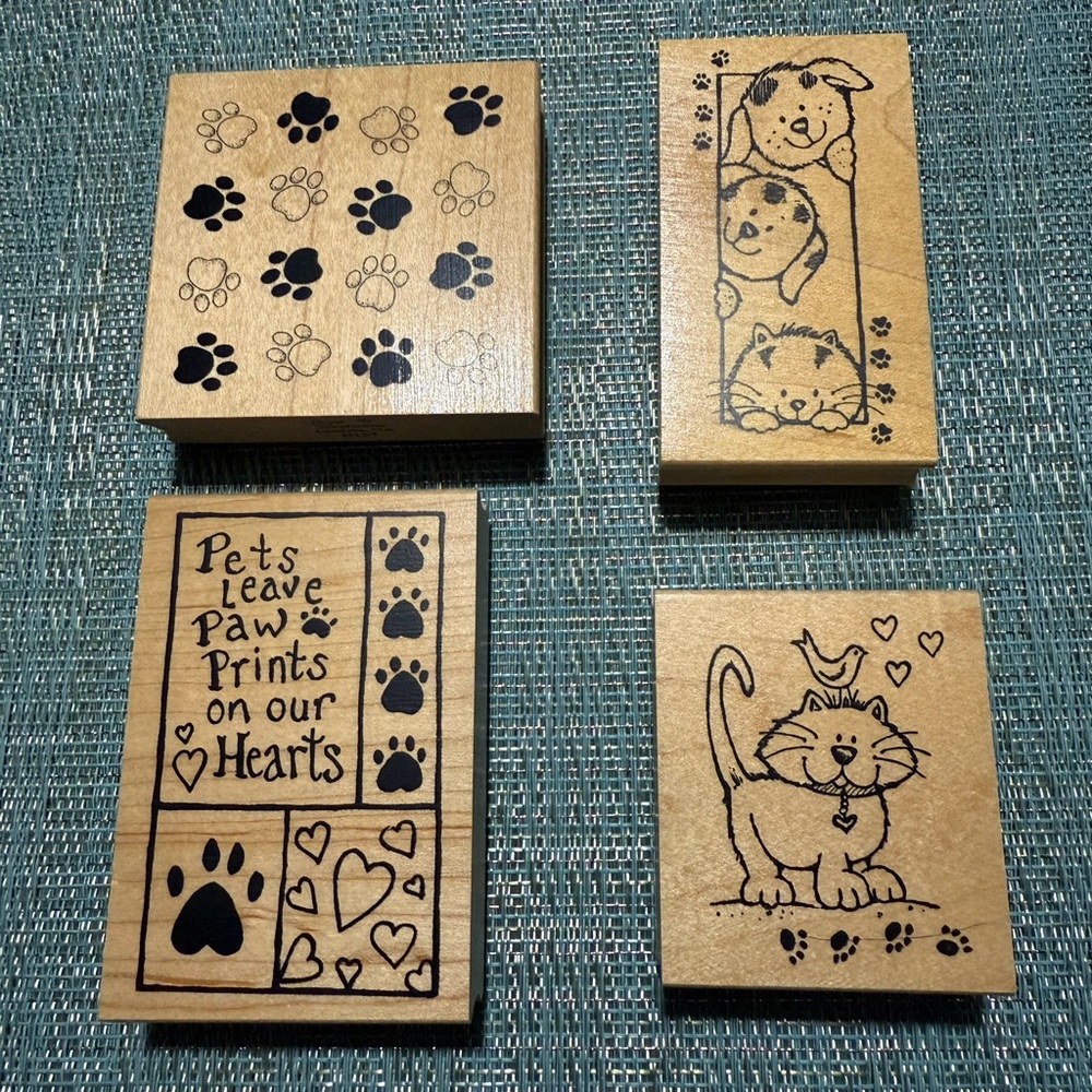 Wooden Cat and Dog Paw Print Stamps Set